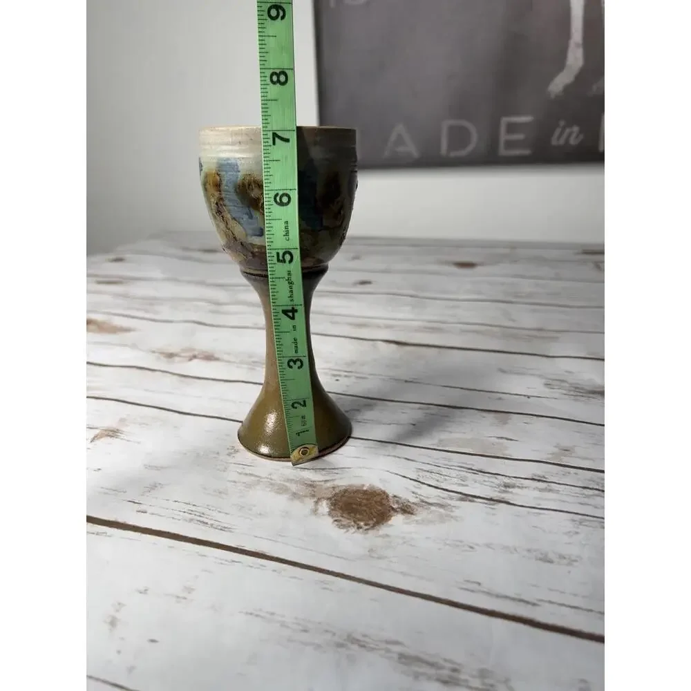 VINTAGE 70s Studio Art Pottery Handmade Stoneware Drip Wine Water Goblet